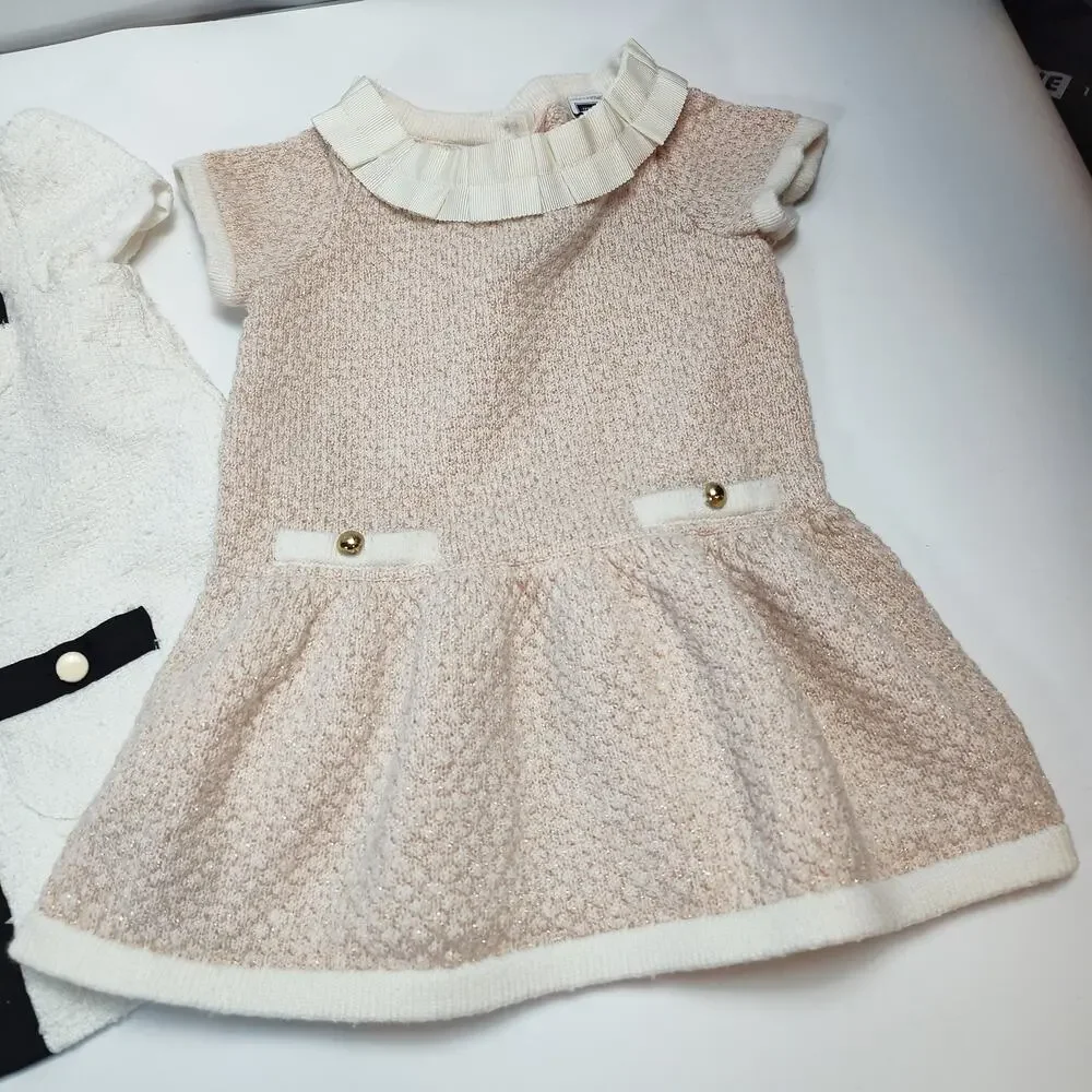 Janie and Jack Baby Girl Dresses 6-12M Tweed Pink White Bundle Set